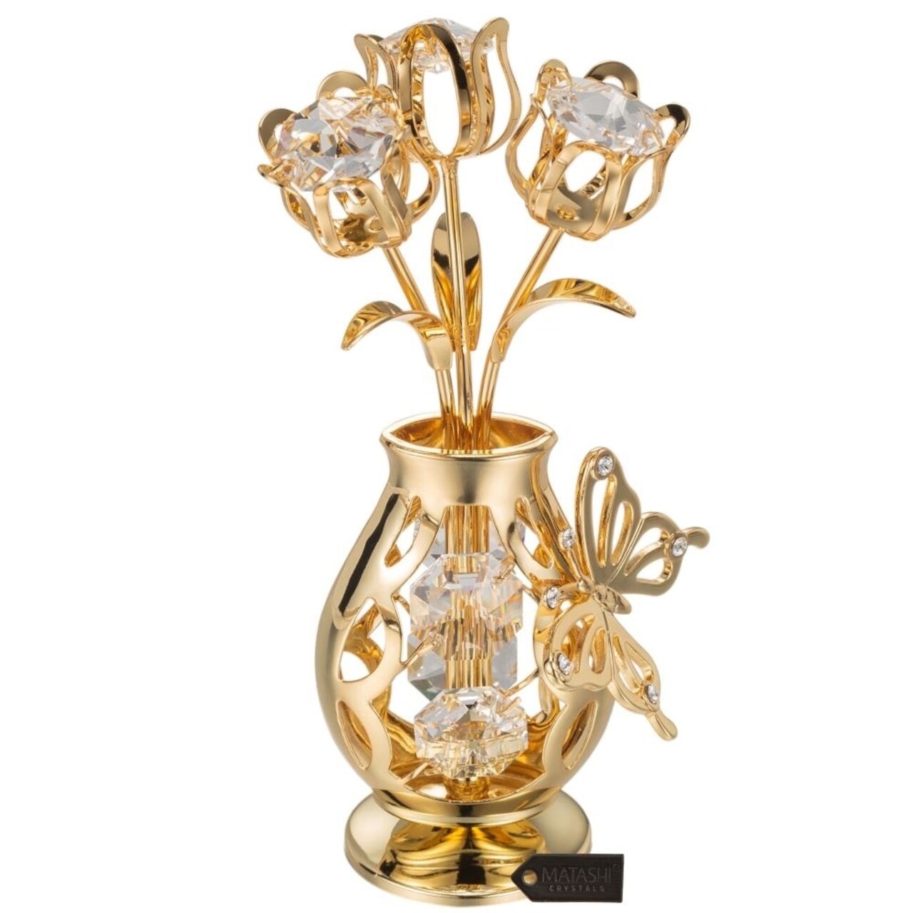 24K Gold Plated Crystal Studded Flower Ornament In A Vase With Decorative Butterfly By Matashi (Clear Crystals)